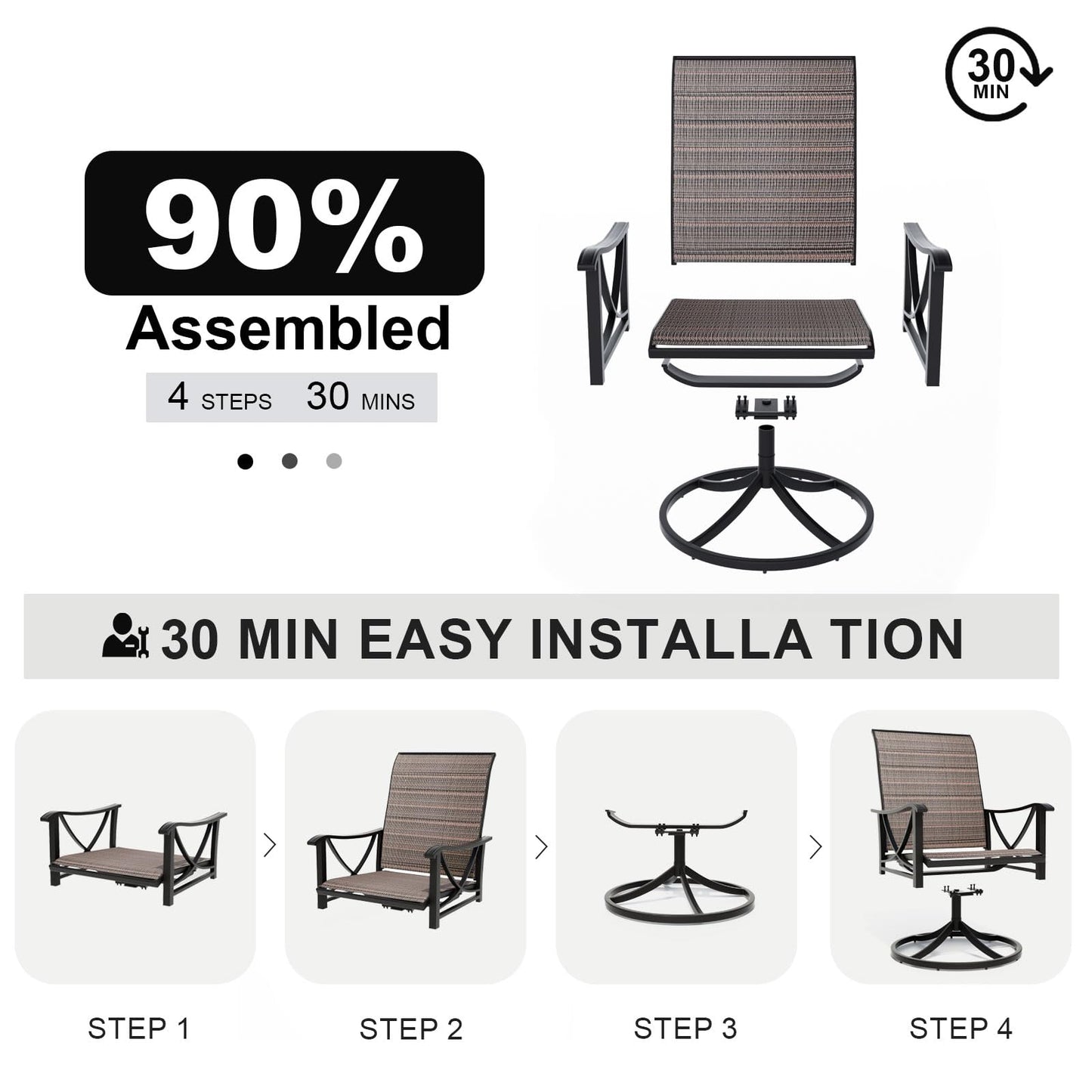 Gotland Patio Swivel Chairs Set of 2, Outdoor Dining Chairs with Breathable Teslin Seat Cushion & Backrest, 360° Outdoor Swivel Chairs with Metal Frame, Patio Dining Chairs for Deck Garden Brown