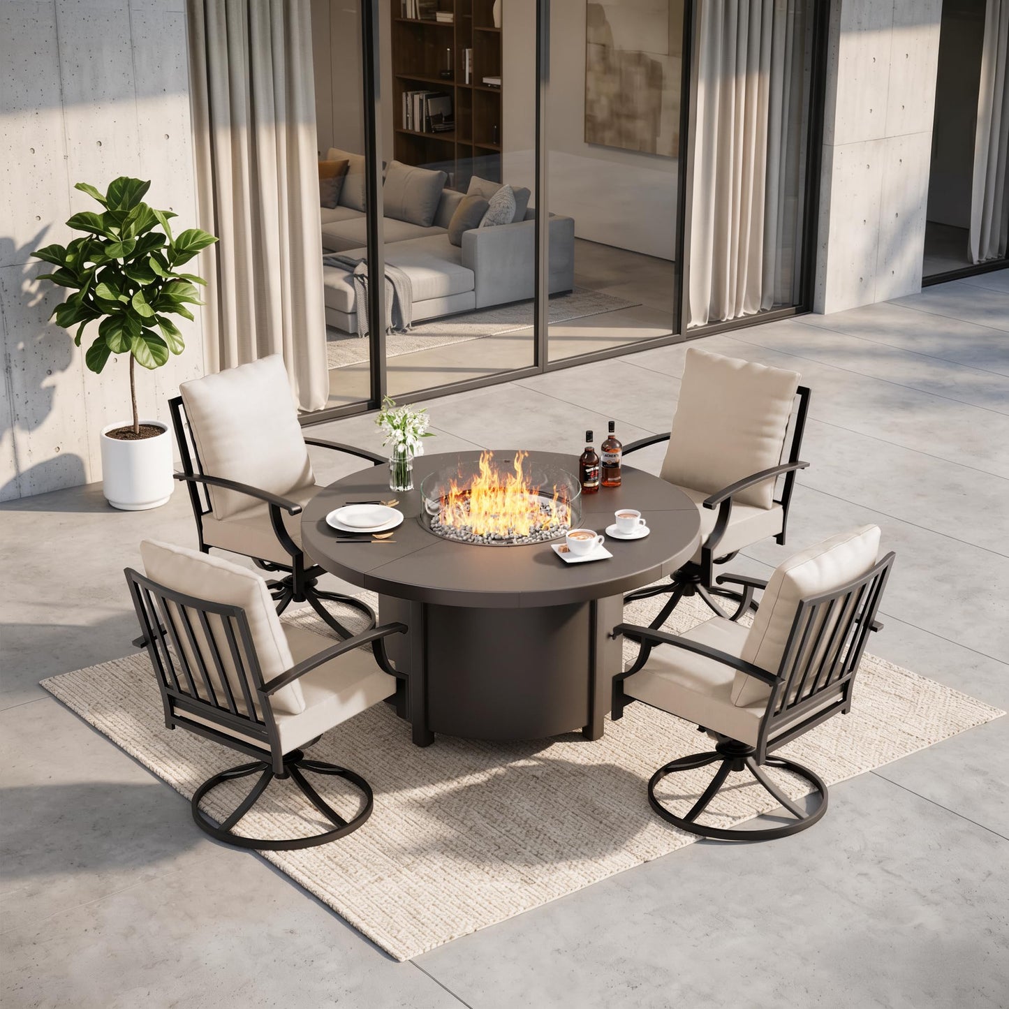 Gotland 5-Piece Outdoor Patio Dining Set, 48 Inch Round Propane Fire Pit Table with 4 Swivel Rocking Chairs, All Weather Patio Conversation Furniture for Backyard Deck Garden, Gray