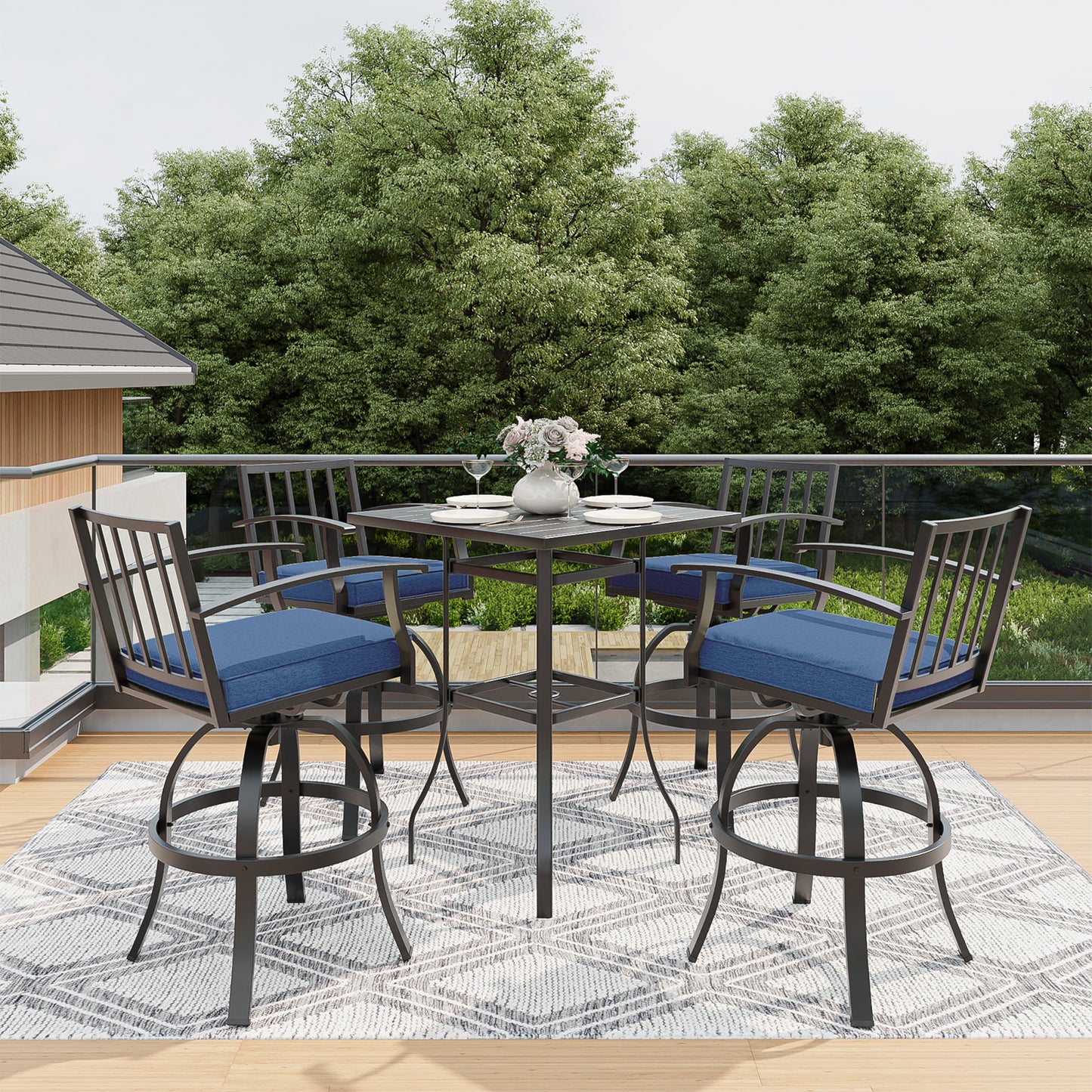 Gotland 5 Pieces Outdoor Swivel Bar Stools Set, All Weather Metal Patio Bar Height Table and Chairs Set, Outdoor High Top Bistro Set with 1 Table and 4 Chairs for Deck Lawn Garden