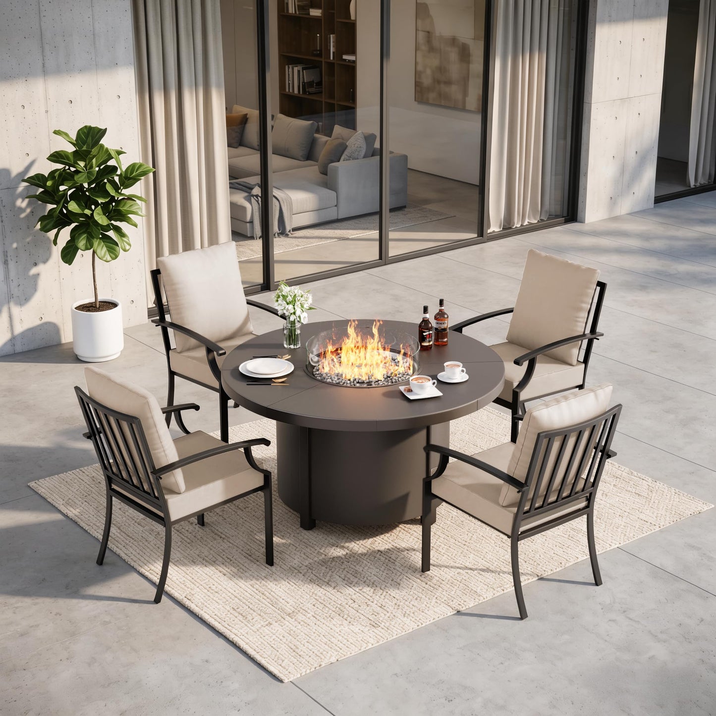 Gotland 5-Piece Outdoor Patio Dining Set, 48 Inch Round Propane Fire Pit Table with 4 Fixed Rocking Chairs, All Weather Patio Conversation Furniture for Backyard Deck Garden, Gray