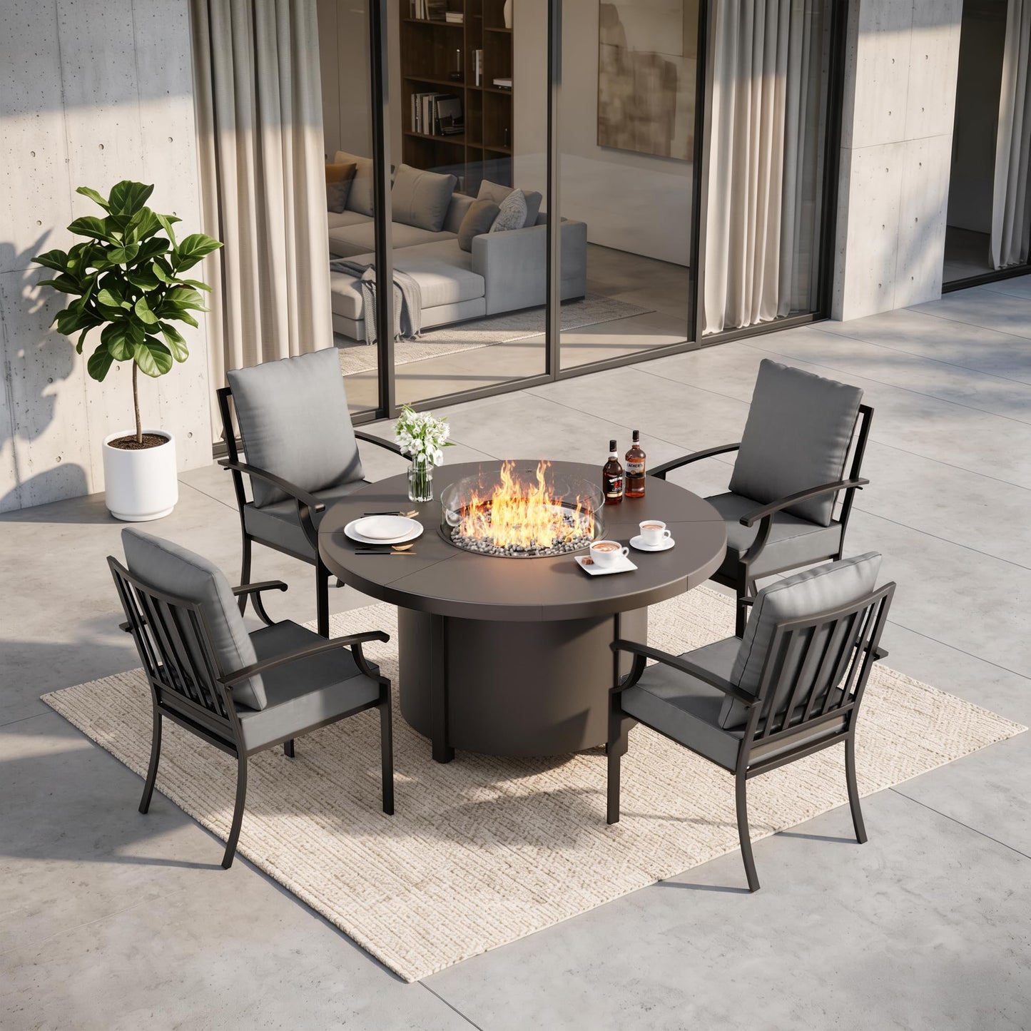 Gotland 5-Piece Outdoor Patio Dining Set, 48 Inch Round Propane Fire Pit Table with 4 Fixed Rocking Chairs, All Weather Patio Conversation Furniture for Backyard Deck Garden, Gray