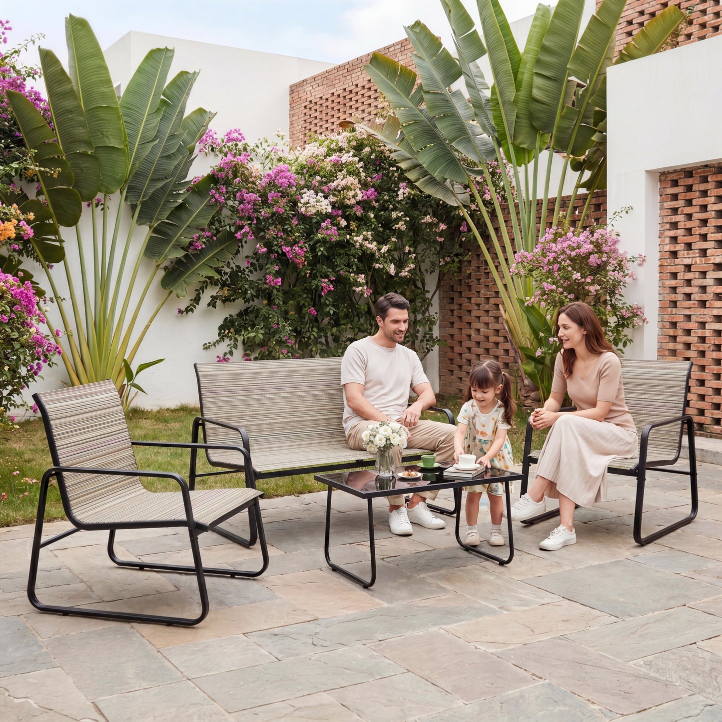 Gotland 4-Piece Outdoor Patio Furniture Set, Wicker Rattan Chairs & Sofa with Cushions and Glass Coffee Table, Conversation Set for Backyard, Lawn, Porch, Pool, Garden,Khaki
