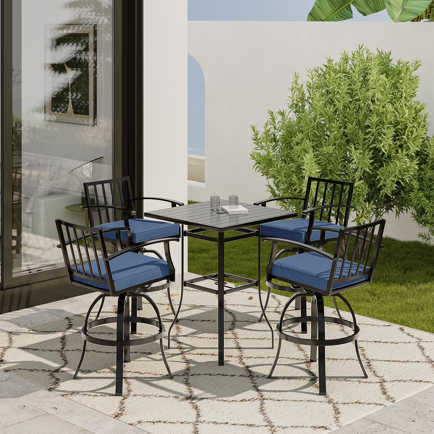 Gotland 5 Pieces Outdoor Swivel Bar Stools Set, All Weather Metal Patio Bar Height Table and Chairs Set, Outdoor High Top Bistro Set with 1 Table and 4 Chairs for Deck Lawn Garden