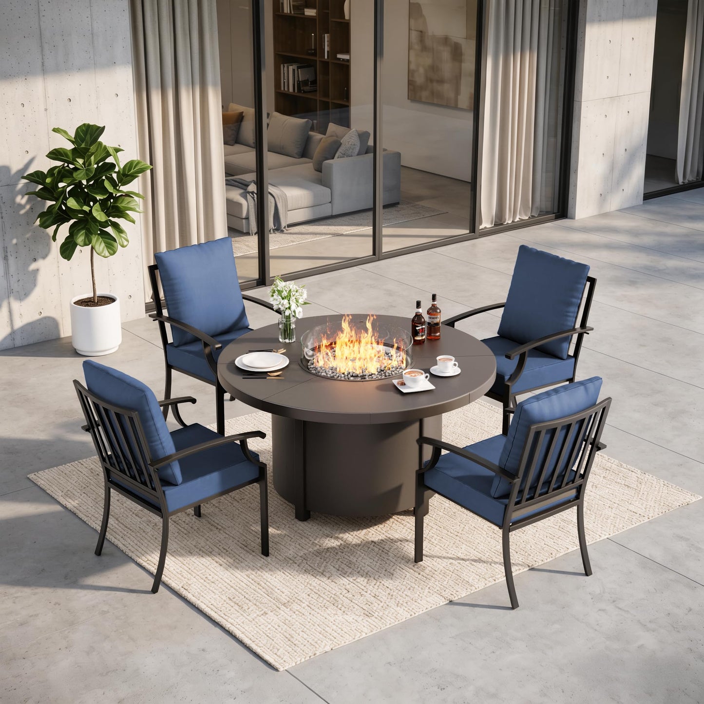 Gotland 5-Piece Outdoor Patio Dining Set, 48 Inch Round Propane Fire Pit Table with 4 Fixed Rocking Chairs, All Weather Patio Conversation Furniture for Backyard Deck Garden, Gray
