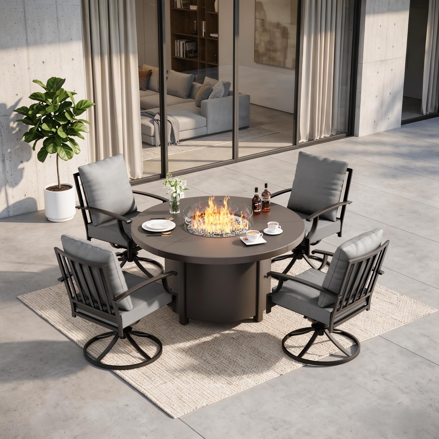 Gotland 5-Piece Outdoor Patio Dining Set, 48 Inch Round Propane Fire Pit Table with 4 Swivel Rocking Chairs, All Weather Patio Conversation Furniture for Backyard Deck Garden, Gray