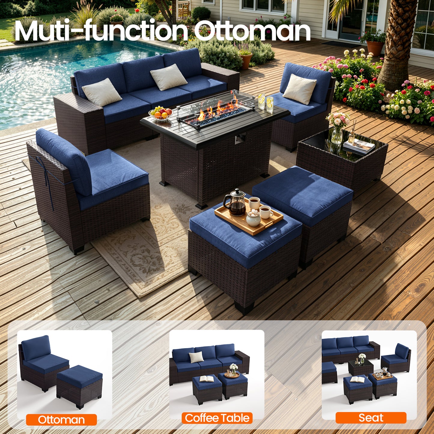 ALAULM 8PCS Outdoor Conversation Set, Wide Armrest Patio PE Rattan Wicker Sectional Sofas with Ottoman for Backyard, Porch, Sand