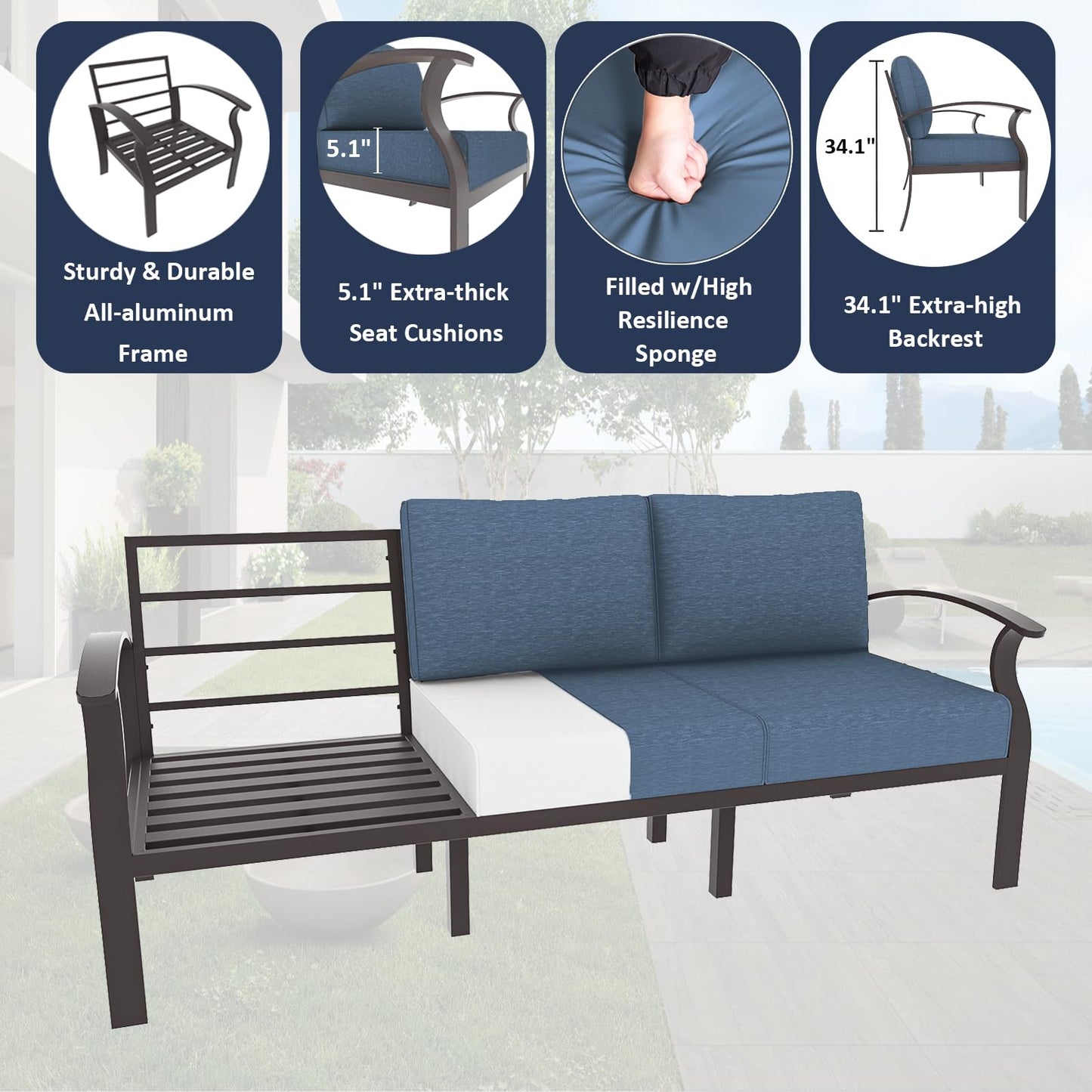 ALAULM Aluminum 3-Seat Patio Furniture Set, Outdoor Patio Conversation Set with 5.1" Cushions for Patio Backyard Poolside