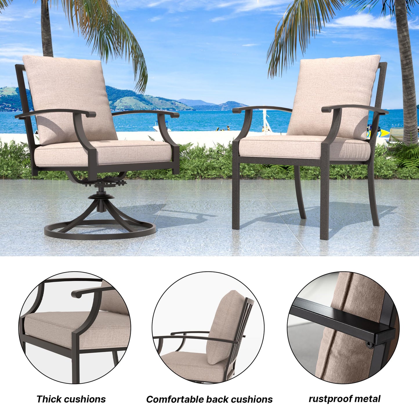 Gotland 5-Piece Outdoor Patio Dining Set, 48 Inch Round Propane Fire Pit Table with 4 Fixed Rocking Chairs, All Weather Patio Conversation Furniture for Backyard Deck Garden, Gray