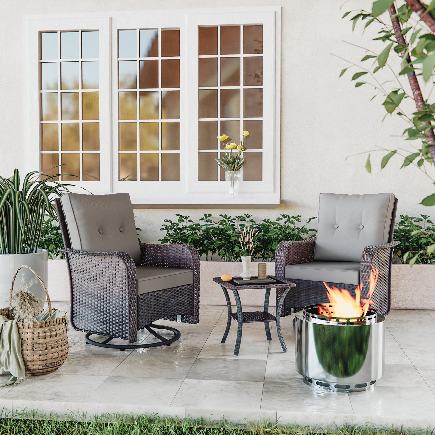 ALAULM 3PCS Outdoor Conversation Sets with 19" Smokeless Stove, Outdoor Swivel Glider Chair with Glass Top Side Table, Fire Pit Comes with Waterproof Cover and Fire Poker, for Porch Backyard
