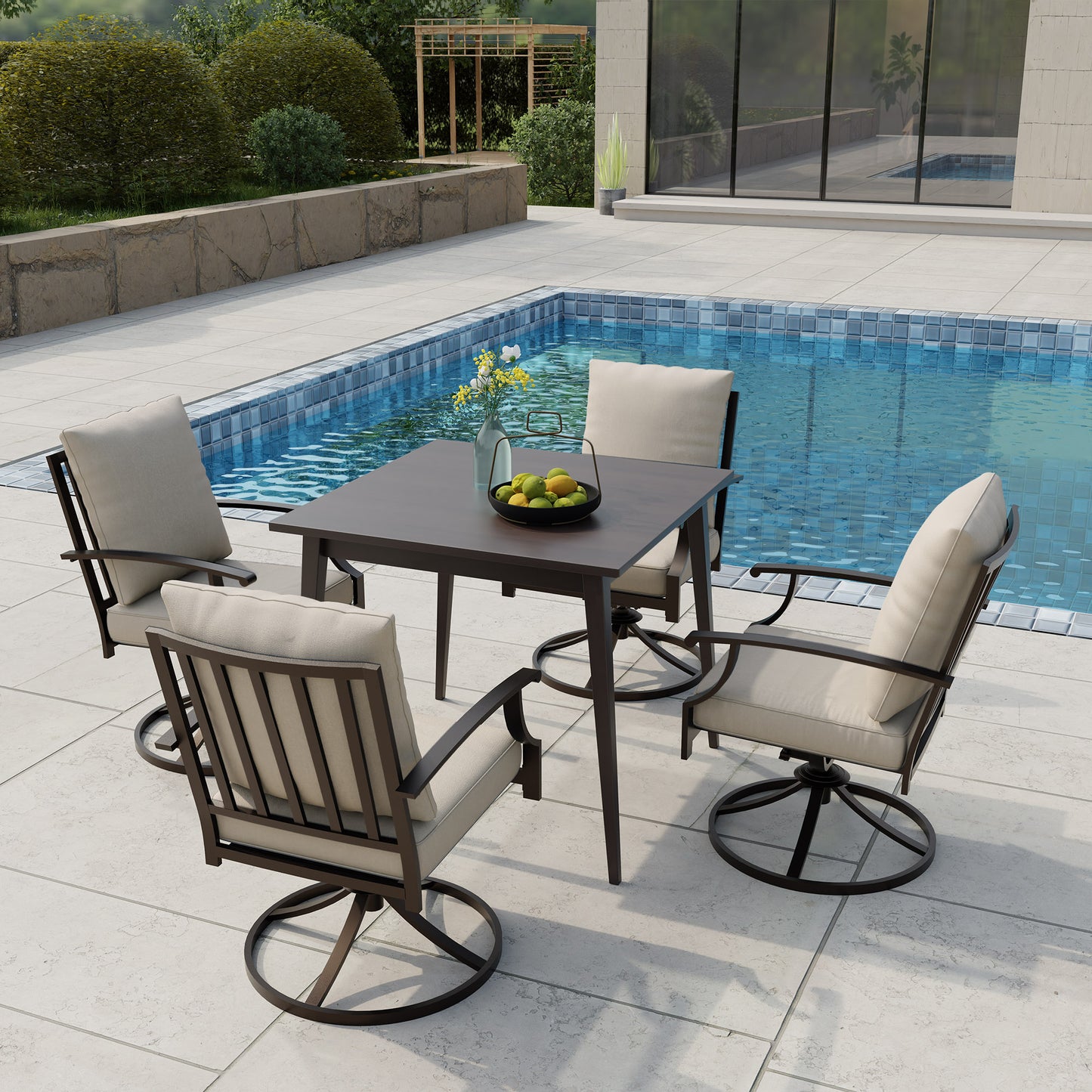 ALAULM Set of 2 Metal Swivel Rocking Patio Chairs, 360° Rotate & 15° Recline, Heavy-Duty Metal Frame Outdoor Dining Chairs with 3.2" cushion & Removable Covers (Sand)