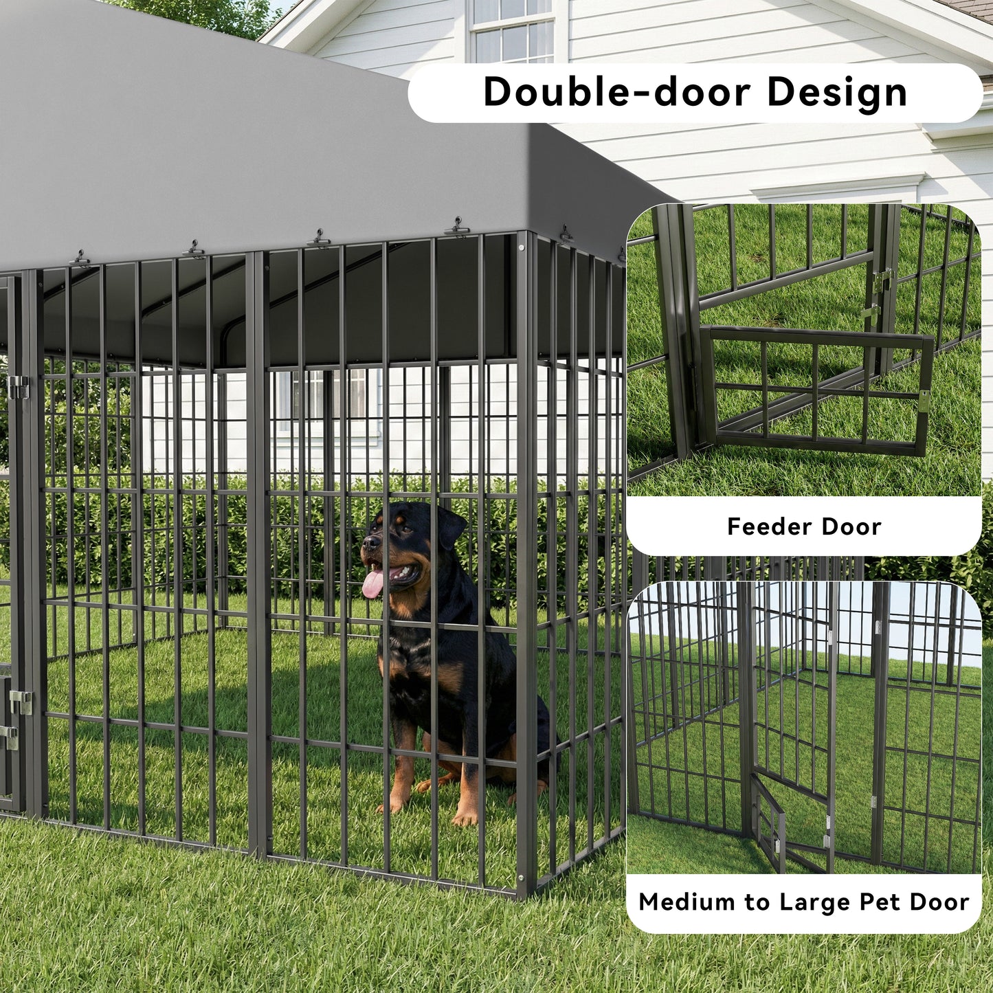 ALAULM Large Outdoor Dog Kennel,10x10FT Heavy-Duty Modular Dog Cage with Roof Dog Pens Outside with Double Doors & Weatherproof Cover Dog Enclosure for Patio,Garden