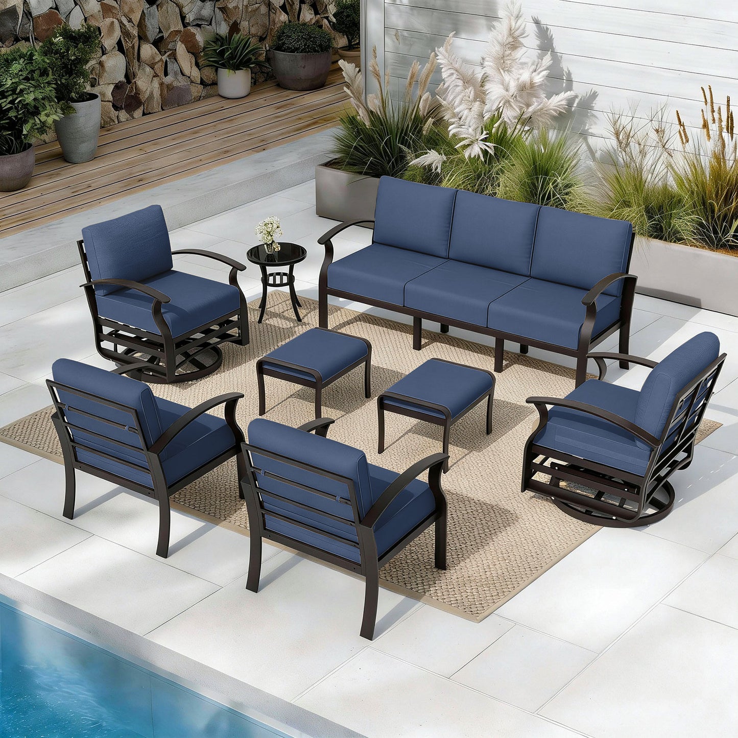 ALAULM 9-Seat Aluminum Patio Furniture Set, Outdoor Patio Conversation Set with Propane Fire Pit Table and 5.1" Cushions for Patio Backyard Poolside