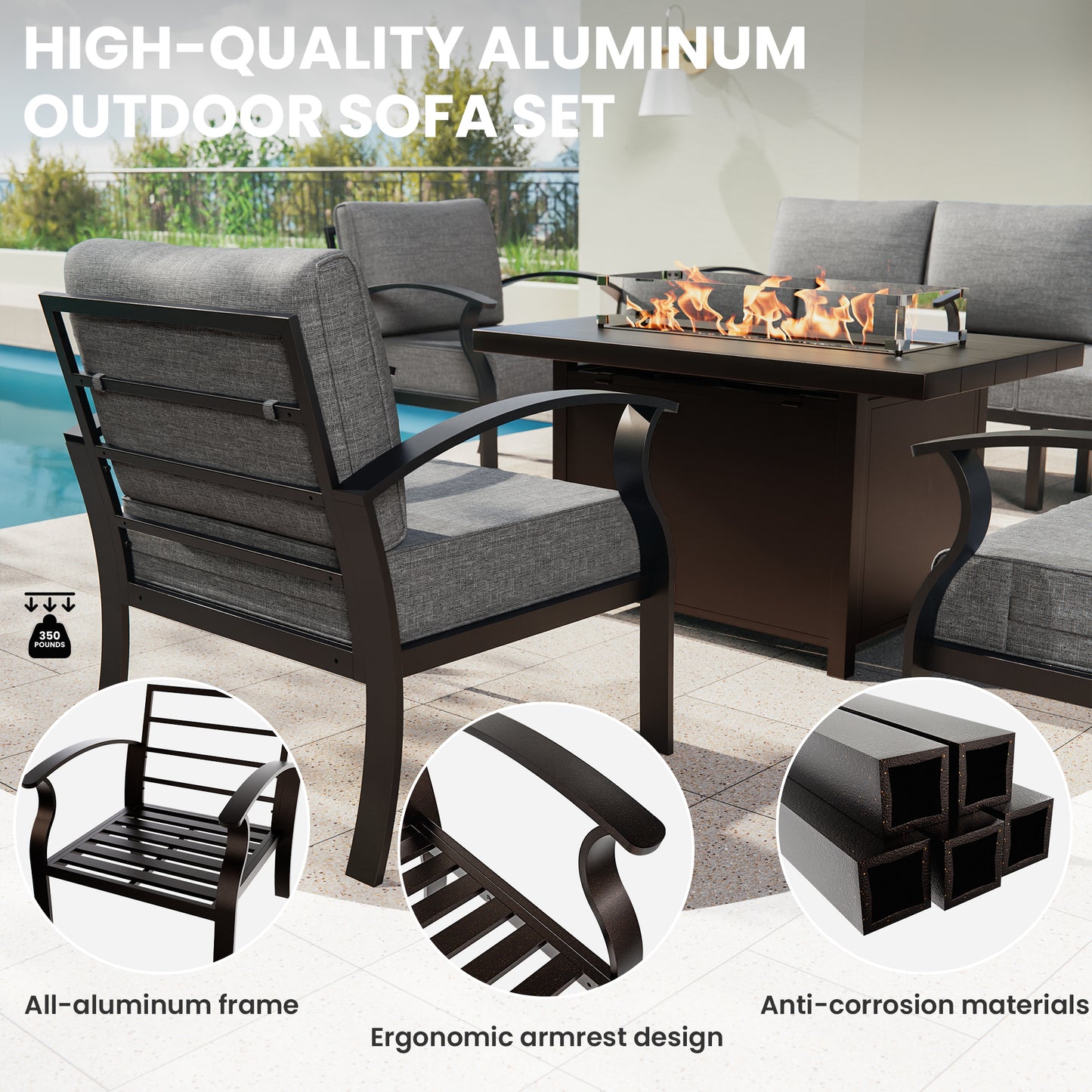 ALAULM Aluminum Patio Furniture Set with Propane Fire Pit Table 8-seat Metal Outdoor Furniture w/Fire Pit