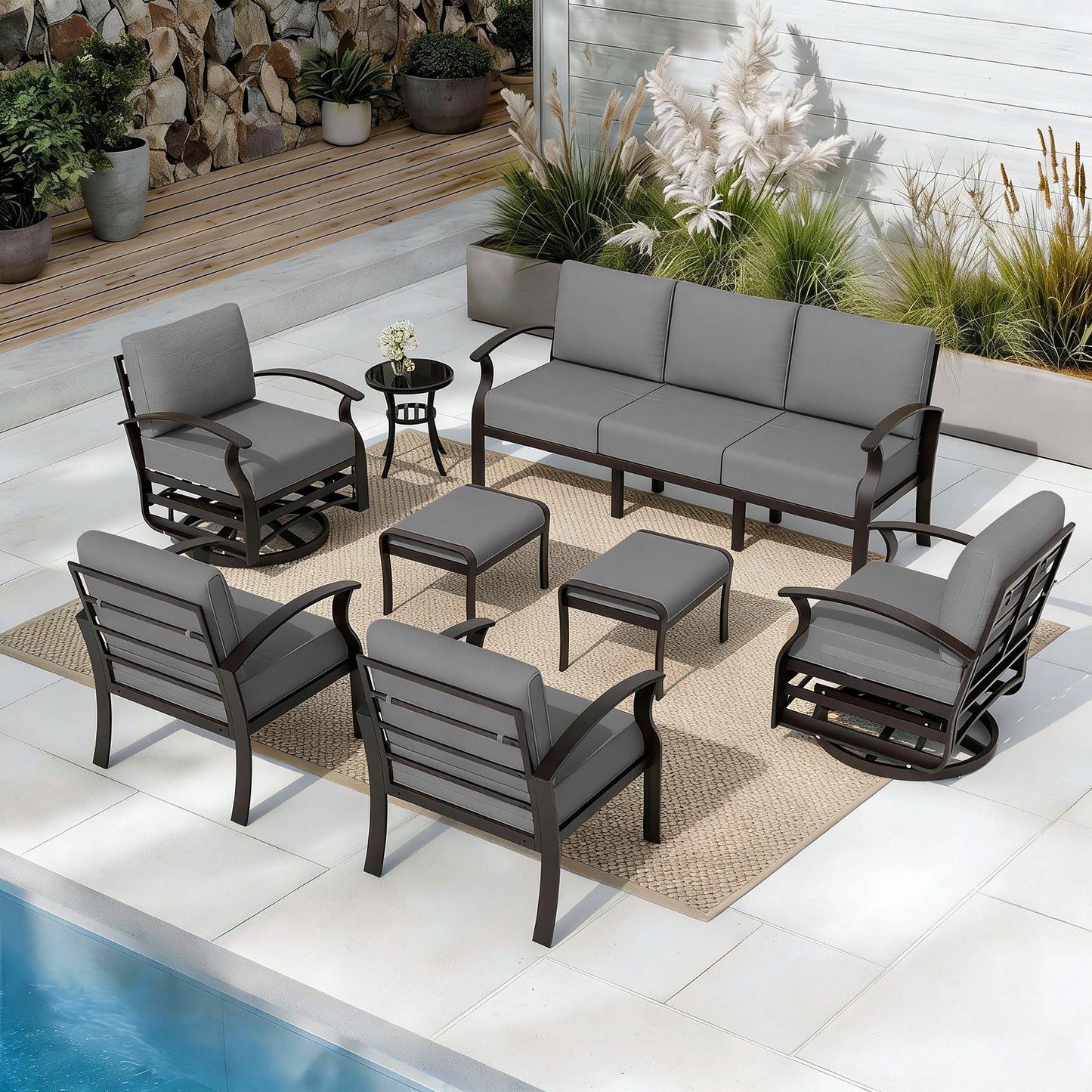 ALAULM 9-Seat Aluminum Patio Furniture Set, Outdoor Patio Conversation Set with Propane Fire Pit Table and 5.1" Cushions for Patio Backyard Poolside