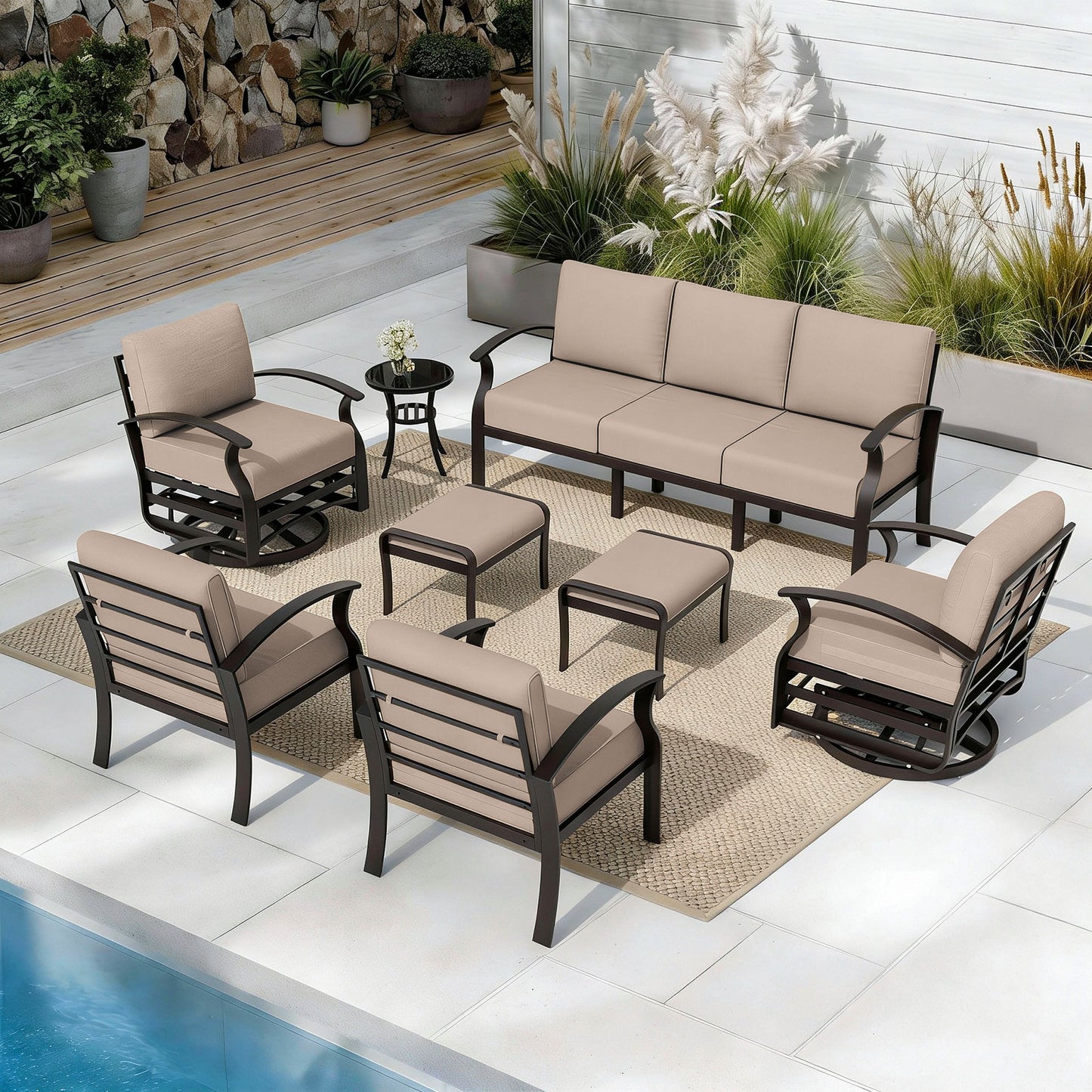 ALAULM 9-Seat Aluminum Patio Furniture Set, Outdoor Patio Conversation Set with Propane Fire Pit Table and 5.1" Cushions for Patio Backyard Poolside