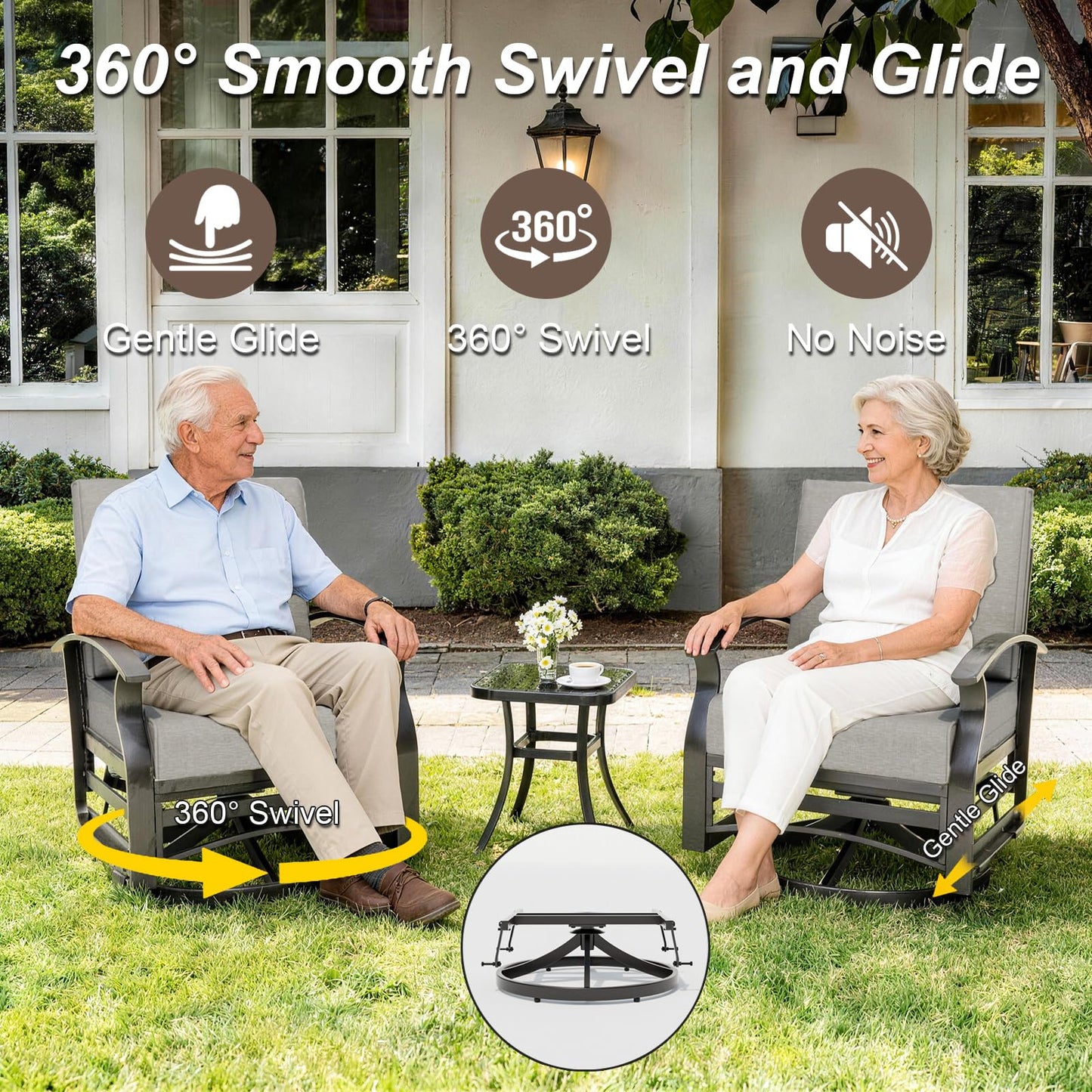 ALAULM 3 Pieces Patio Furniture Set, 2 Aluminum Outdoor Swivel Rocking Chairs with 5.1" Padded Removable Cushions & 1 Tempered Glass Coffee Table for Backyard Lawn Porch