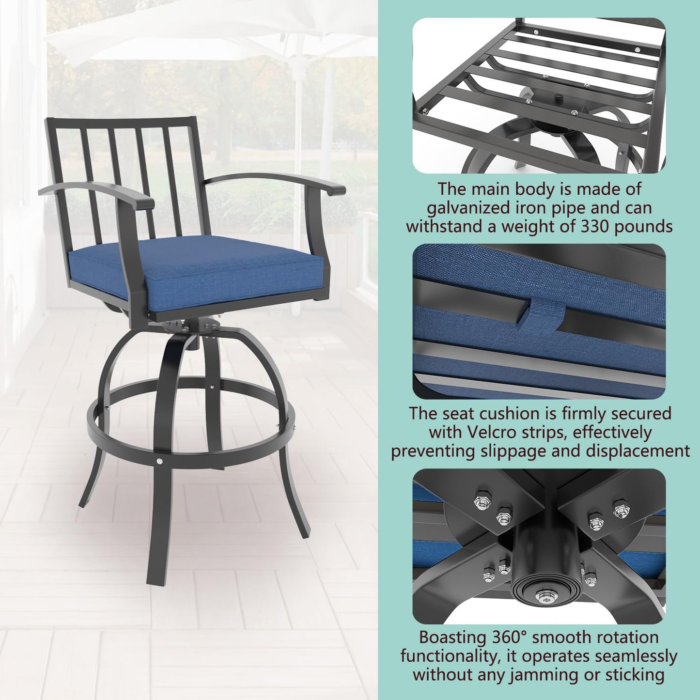 ALAULM 5 Pieces Outdoor Swivel Bar Stools Set, All Weather Metal Patio High Top Bistro Set with 4 Cushioned Chairs and Table for Garden Deck Lawn