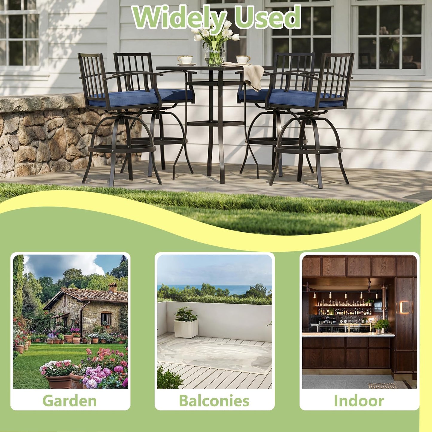 ALAULM 5 Pieces Outdoor Swivel Bar Stools Set, All Weather Metal Patio High Top Bistro Set with 4 Cushioned Chairs and Table for Garden Deck Lawn