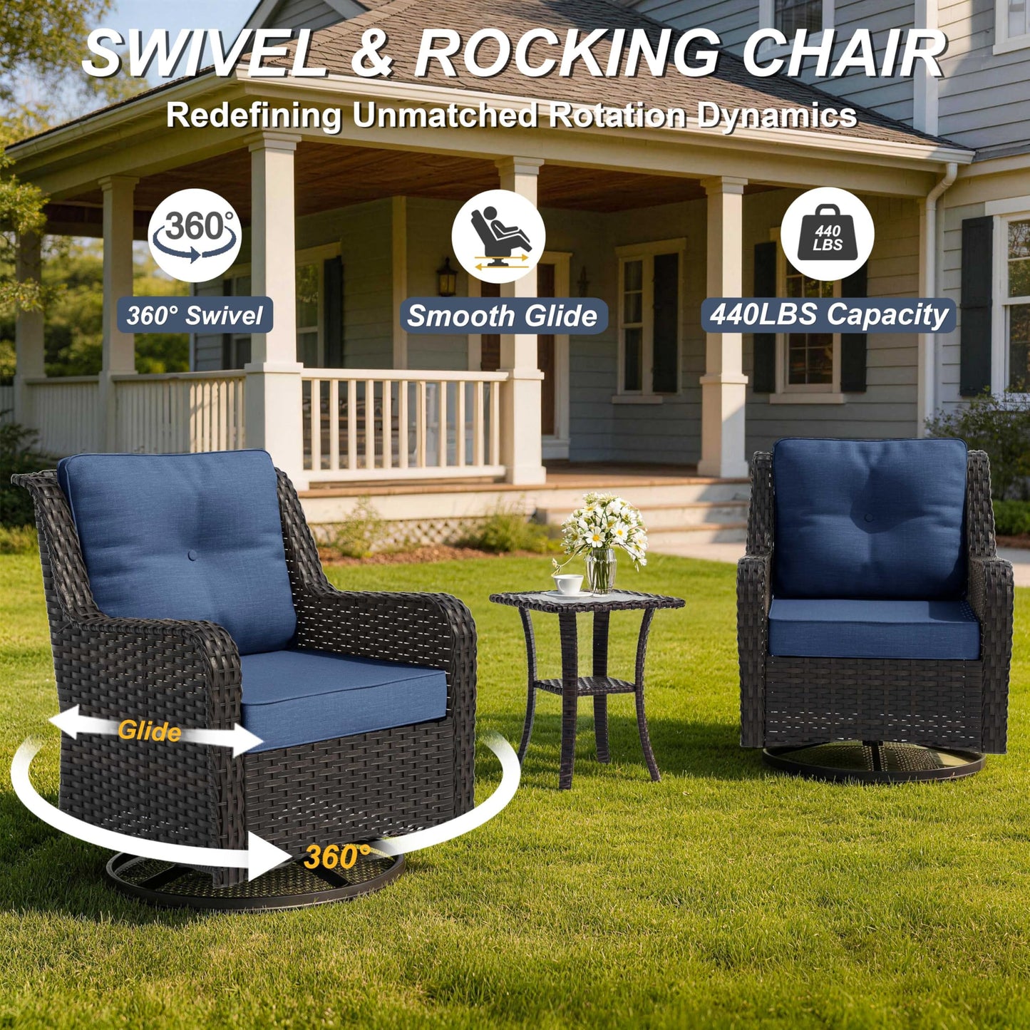 ALAULM 3-Piece Patio Furniture Set, Outdoor Thick Wicker High Back Sectional Sofa Couch with 2 Swivel Chairs, All-Weather Wicker Outdoor Conversation Set for Backyard, Porch, Deck