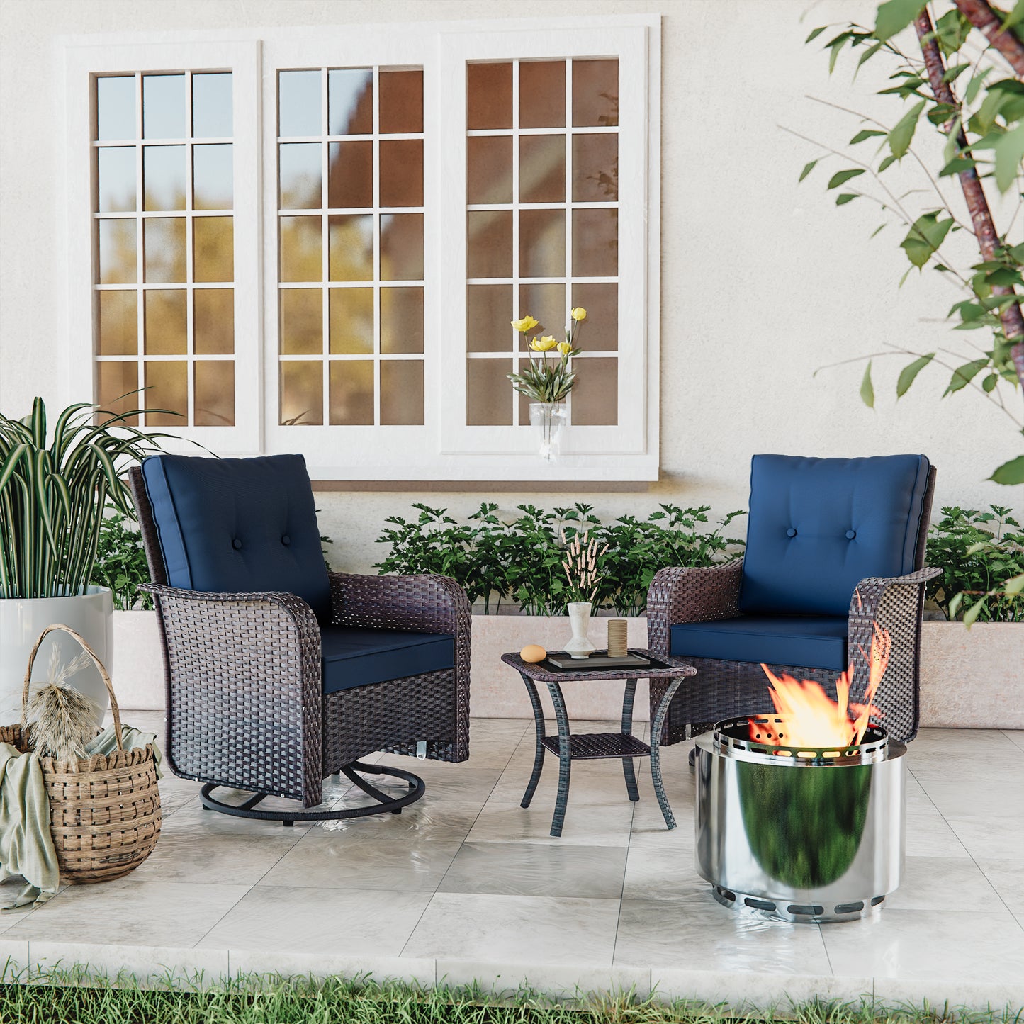 ALAULM 3PCS Outdoor Conversation Sets with 19" Smokeless Stove, Outdoor Swivel Glider Chair with Glass Top Side Table, Fire Pit Comes with Waterproof Cover and Fire Poker, for Porch Backyard