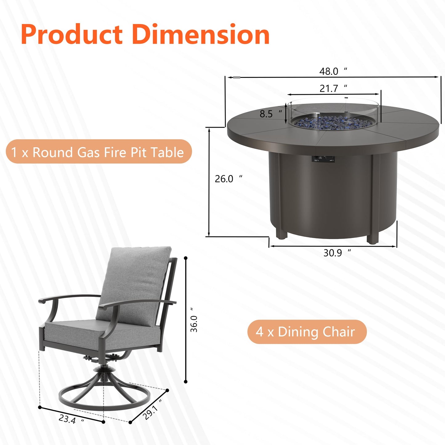 Gotland 7-Piece Outdoor Patio Dining Set, 48 Inch Round Propane Fire Pit Table with 6 Swivel Rocking Chairs, All Weather Patio Conversation Furniture for Backyard Deck Garden, Gray