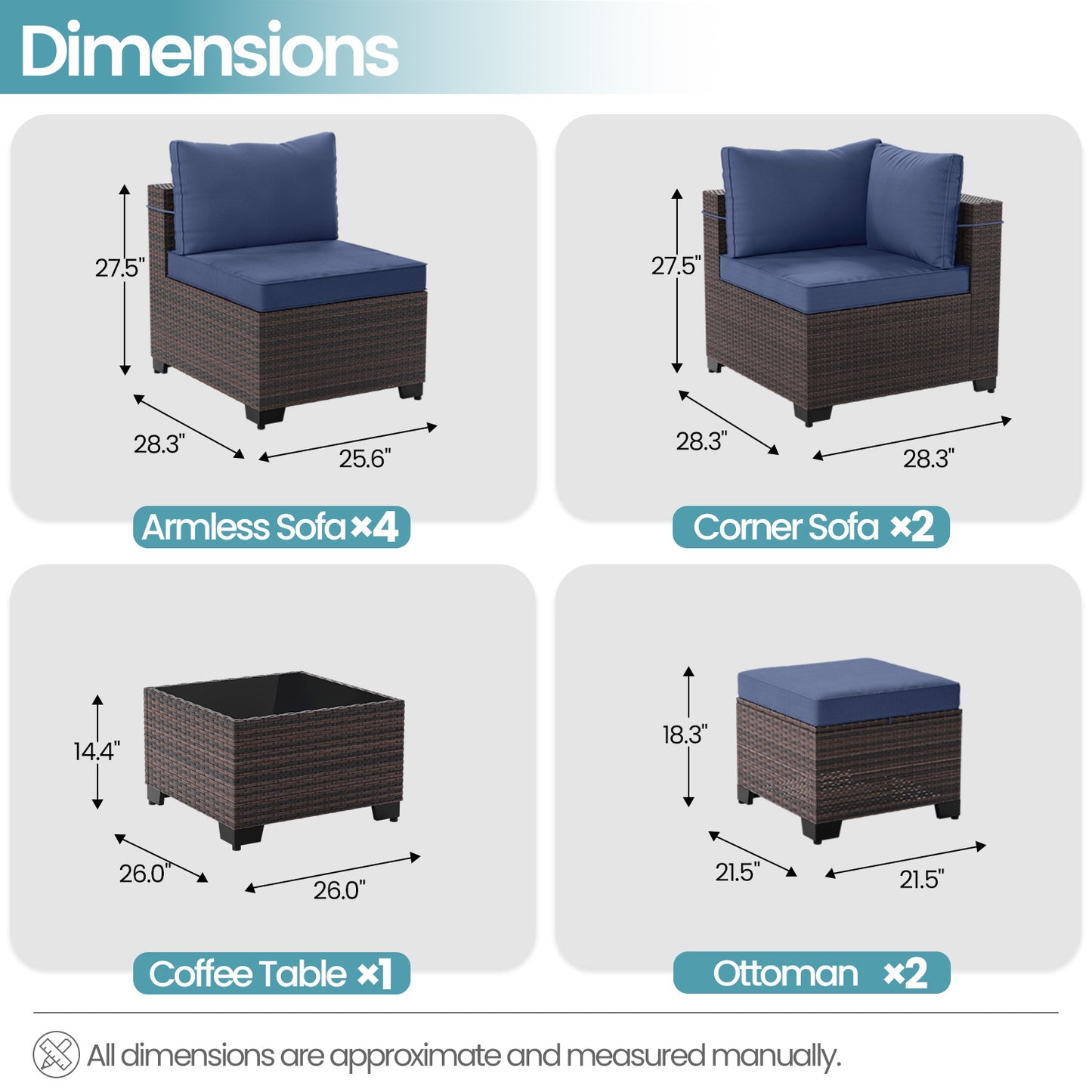 ALAULM 9PCS Outdoor Conversation Set, Thick Backrest Patio PE Rattan Wicker Sectional Sofas with Ottoman for Backyard, Porch, Sand