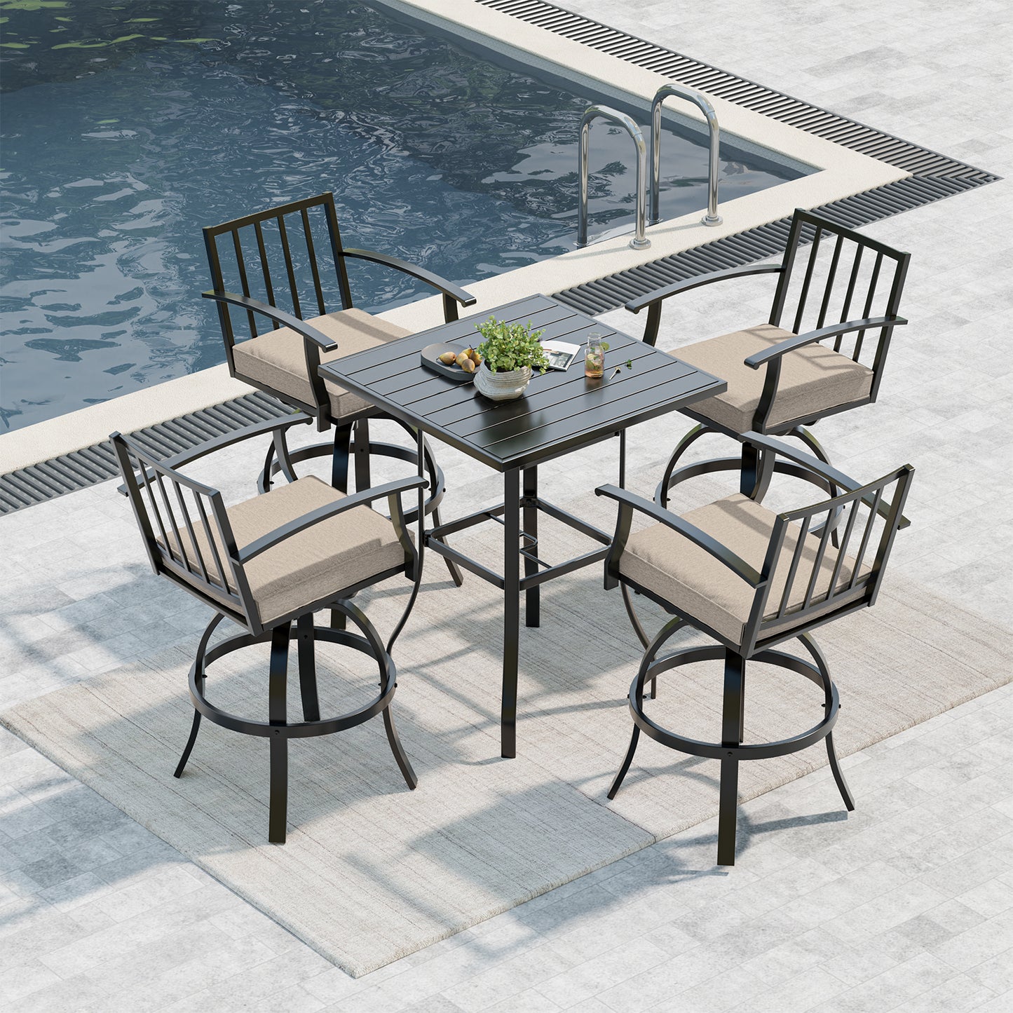Gotland 5 Pieces Outdoor Swivel Bar Stools Set, All Weather Metal Patio Bar Height Table and Chairs Set, Outdoor High Top Bistro Set with 1 Table and 4 Chairs for Deck Lawn Garden