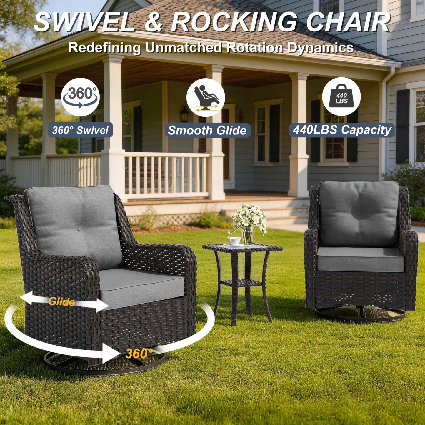 ALAULM 5-Piece Patio Furniture Set, Outdoor Thick Wicker Conversation Set with Swivel Chairs and Ottomans, High Back Wicker Sectional Sofa Couch for Backyard Porch Deck