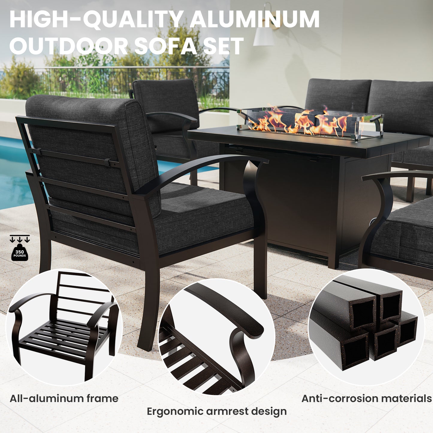 ALAULM Aluminum Patio Furniture Set with Propane Fire Pit Table 8-seat Metal Outdoor Furniture w/Fire Pit