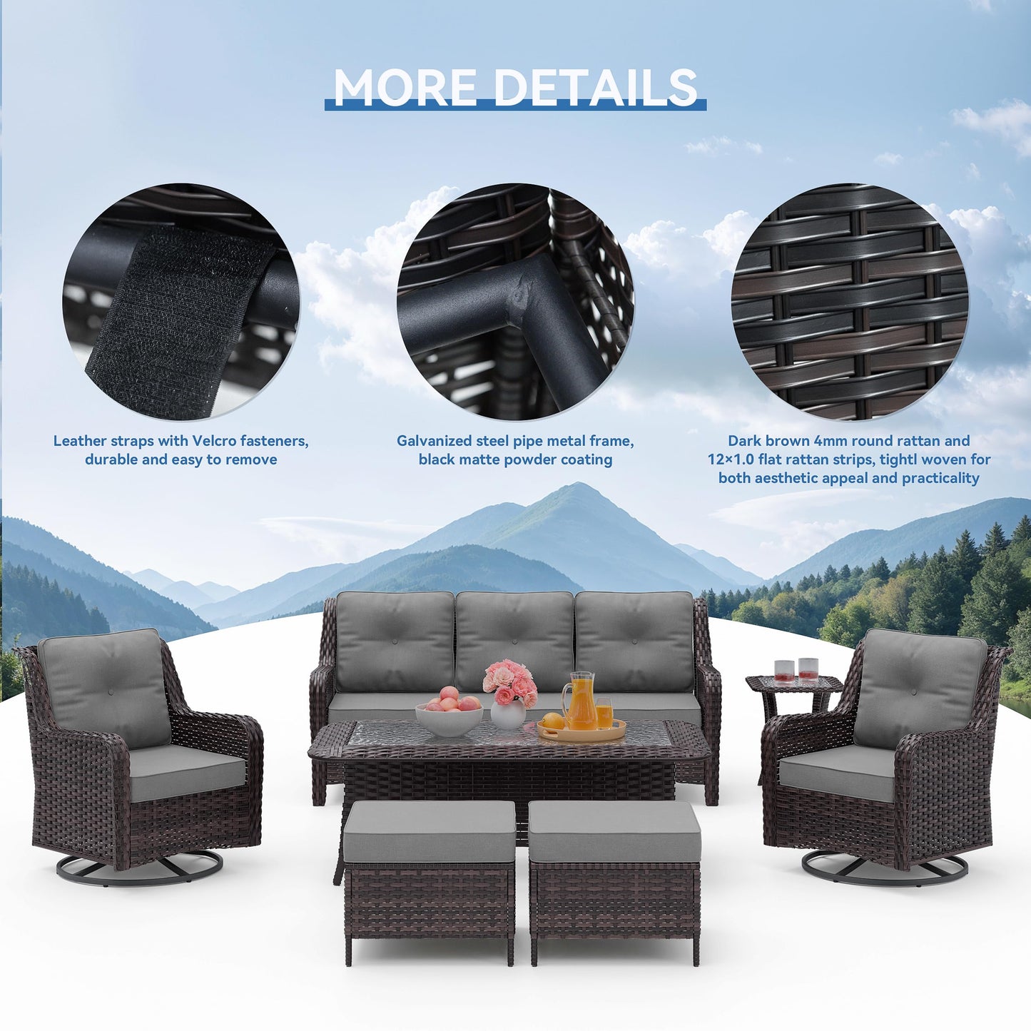 ALAULM 7 Pieces Patio Furniture Set,All-Weather Wicker High Back Outdoor Swivel Rocker Patio Chairs with Coffee Table & Thick Cushions,Paito Conversation Set for Porch,Deck