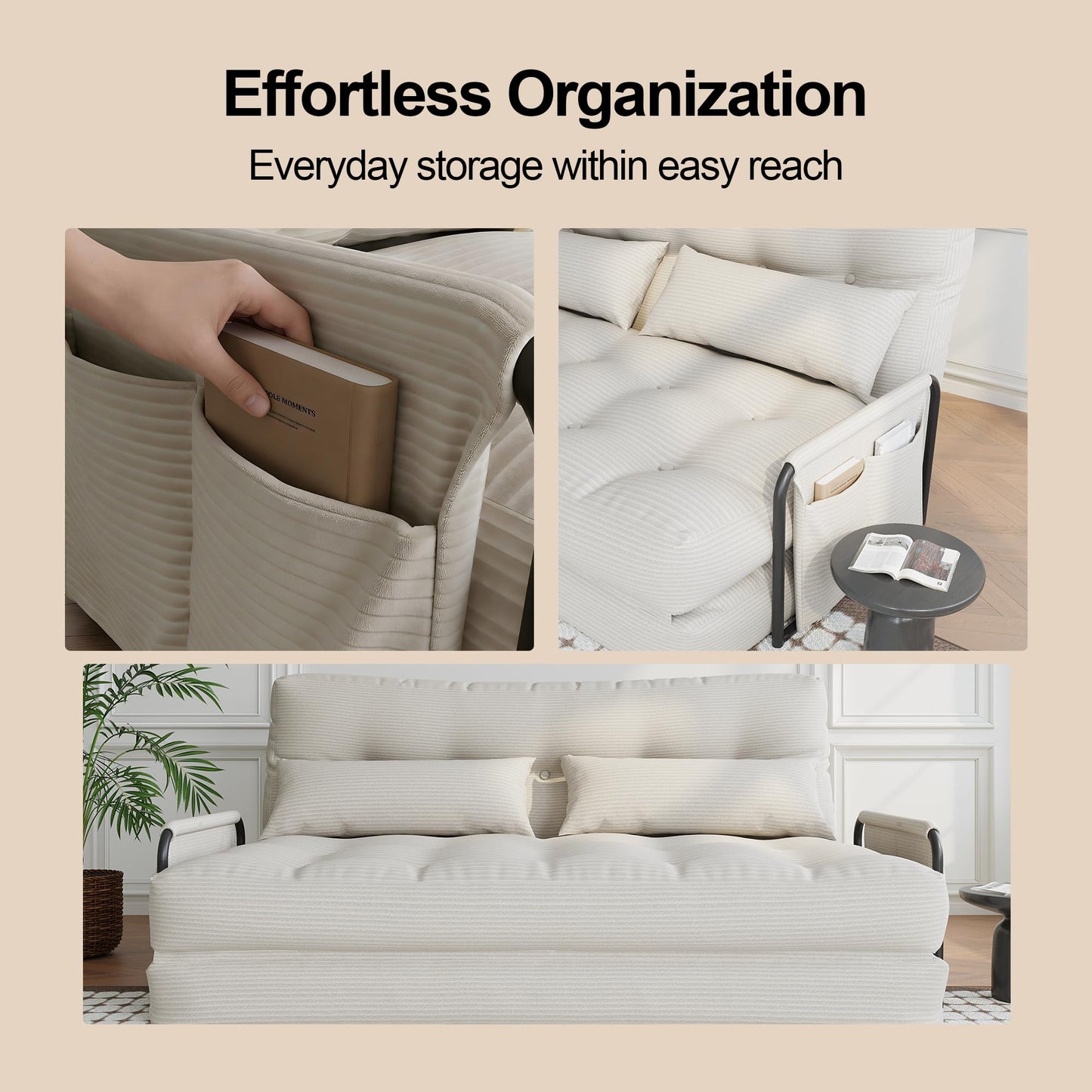 ALAULM Modern Two-Seater Folding Sofa Bed Convertible Sleeper Couch with Pillows, Storage Side, Versatile Floor Couch for Living Room Bedroom, White | Foldable, Comfortable, Multiple Usage
