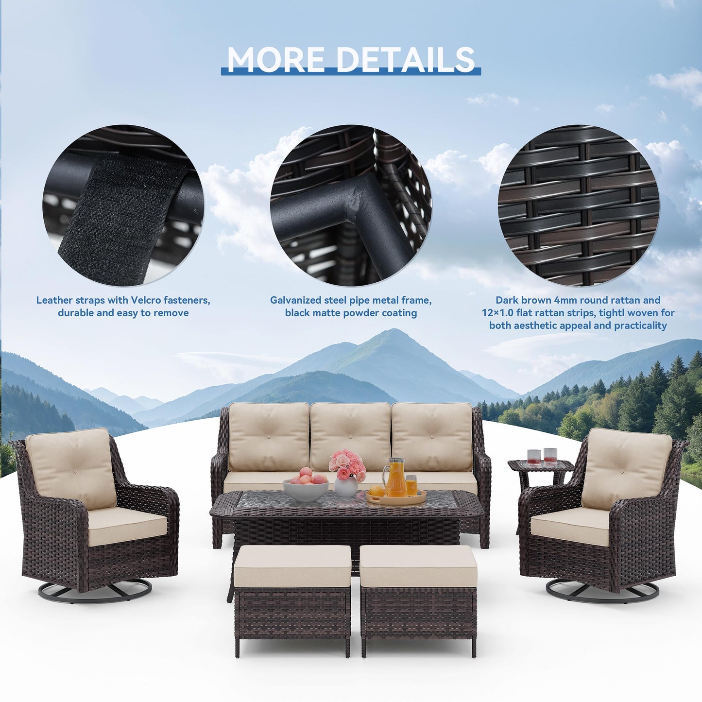 ALAULM 7 Pieces Patio Furniture Set,All-Weather Wicker High Back Outdoor Swivel Rocker Patio Chairs with Coffee Table & Thick Cushions,Paito Conversation Set for Porch,Deck