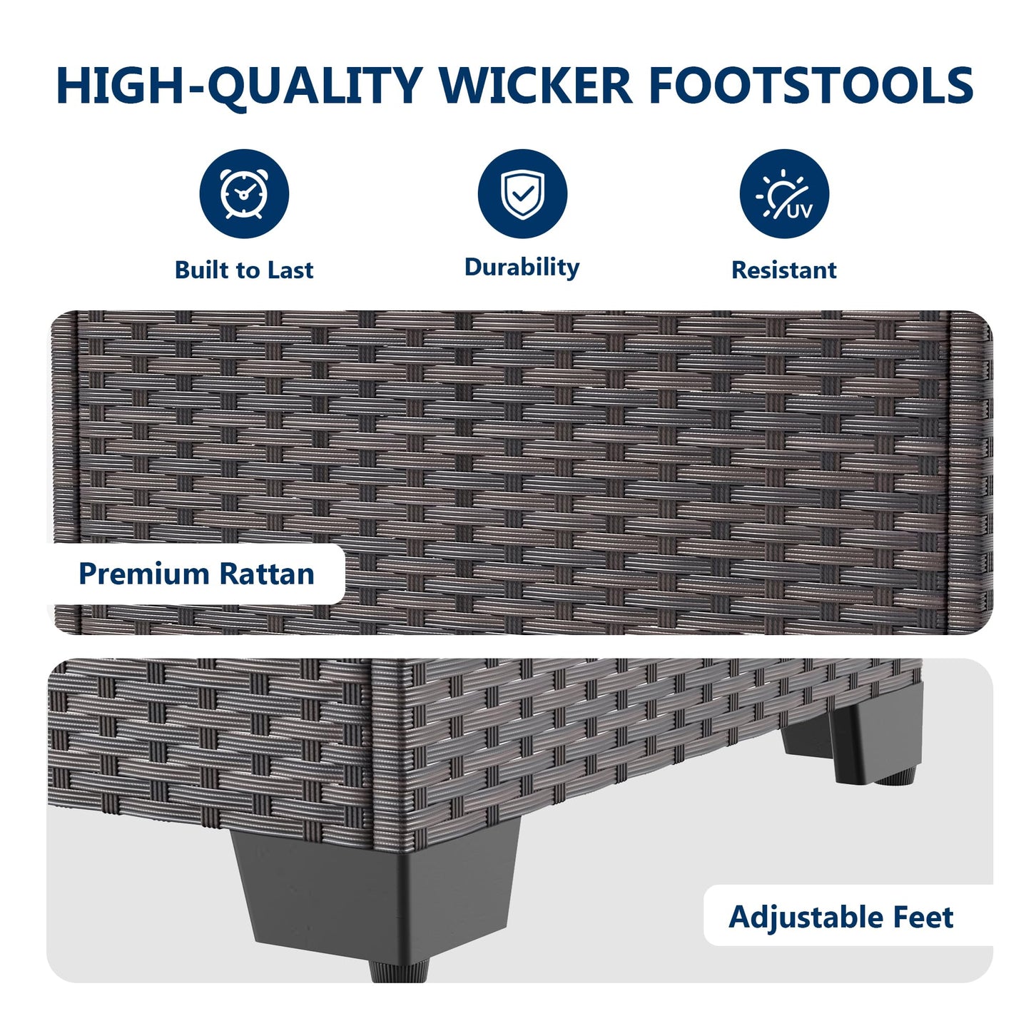 Gotland 2 Pieces All Weather PE Rattan Outdoor Ottoman Foot Stool with Thick Removable Navy Cushion for Backyard, Deck, Porch & Poolside