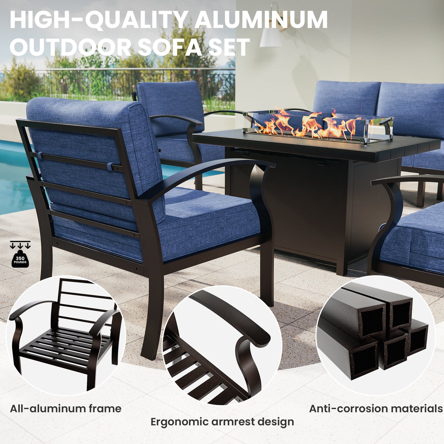 ALAULM Aluminum Patio Furniture Set with Propane Fire Pit Table 8-seat Metal Outdoor Furniture w/Fire Pit