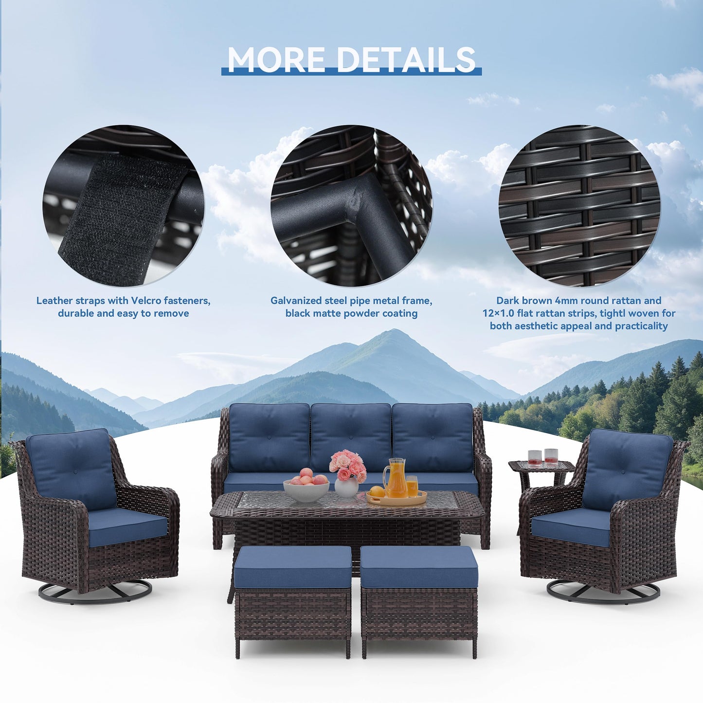 ALAULM 7 Pieces Patio Furniture Set,All-Weather Wicker High Back Outdoor Swivel Rocker Patio Chairs with Coffee Table & Thick Cushions,Paito Conversation Set for Porch,Deck