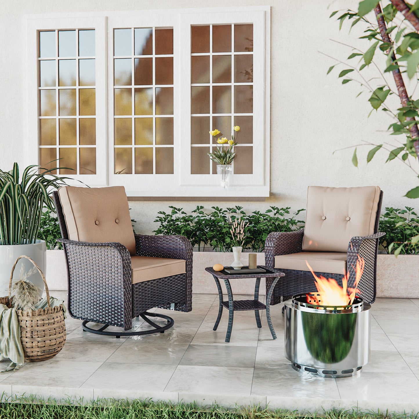 ALAULM 3PCS Outdoor Conversation Sets with 19" Smokeless Stove, Outdoor Swivel Glider Chair with Glass Top Side Table, Fire Pit Comes with Waterproof Cover and Fire Poker, for Porch Backyard