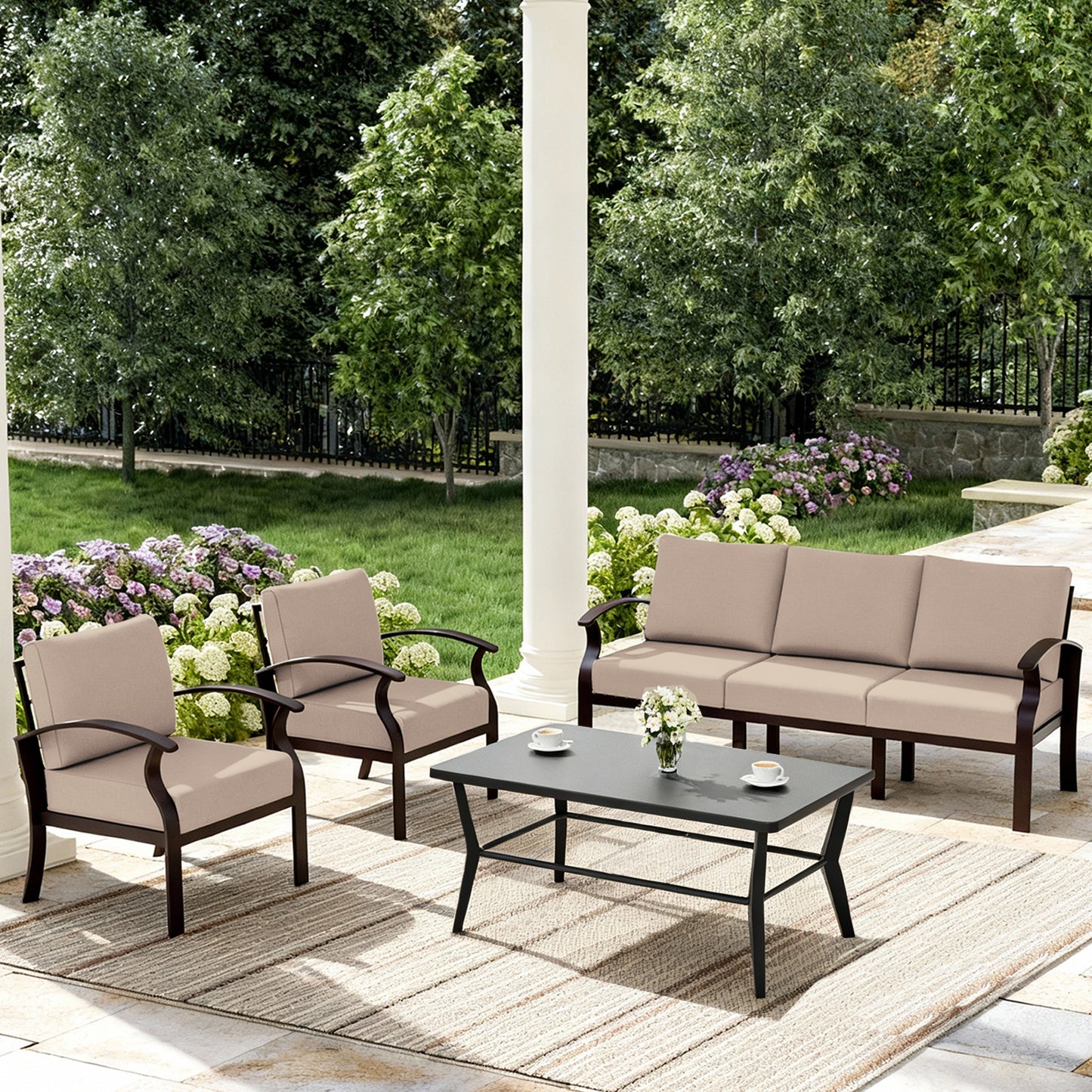 ALAULM 5-Seat Aluminum Patio Furniture Set, Outdoor Patio Conversation Set with Rectangular Metal Coffee Table and 5.1" Cushions for Patio Backyard Poolside，Sand