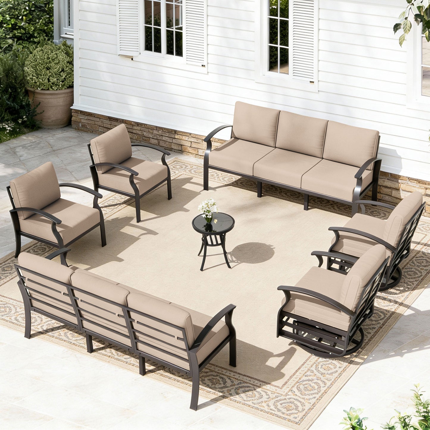 ALAULM 10-Seat Aluminum Patio Furniture Set, Outdoor Patio Conversation Set with 2 Swivel Glider Chairs and 5.1" Cushions for Patio Backyard Poolside