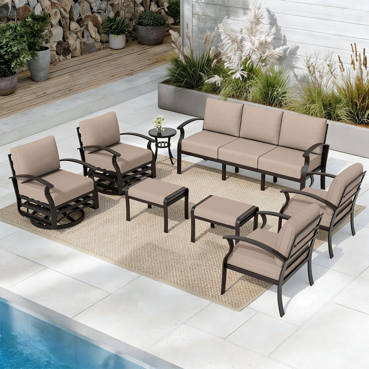 ALAULM 9-Seat Aluminum Patio Furniture Set, Outdoor Patio Conversation Set with Propane Fire Pit Table and 5.1" Cushions for Patio Backyard Poolside
