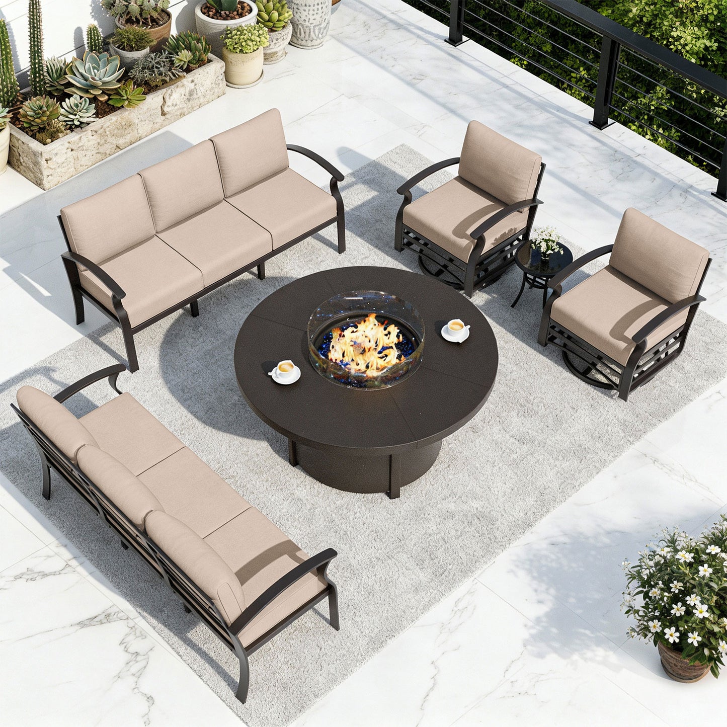 ALAULM Aluminium Patio Furniture Set with Swivel Chairs, 8-Seater Metal Outdoor Furniture Patio Sectional Sofas Patio Conversation Set with 2 swivel chairs For Patio, Backyard, Poolside