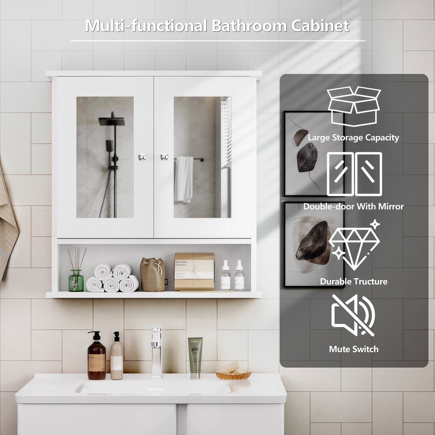 ASJMR Bathroom Wall Cabinet with Mirror, Bathroom Medicine Cabinet with 2 Doors , Wall-mounted Storage Cabinet with Adjustable Shelves (Suitable for Bathrooms, Laundry Rooms and Kitchens), Black