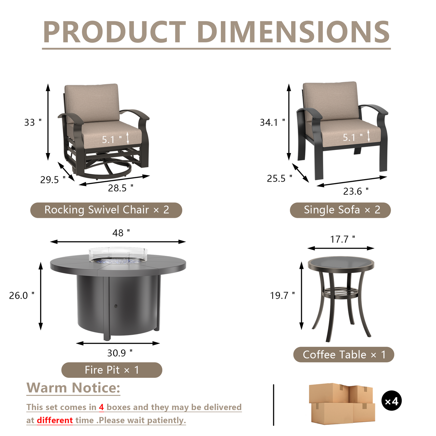ALAULM 4-Seat Aluminum Patio Furniture Set, Outdoor Patio Conversation Set with Round Fire Pit Table and 5.1" Cushions for Patio Backyard Poolside
