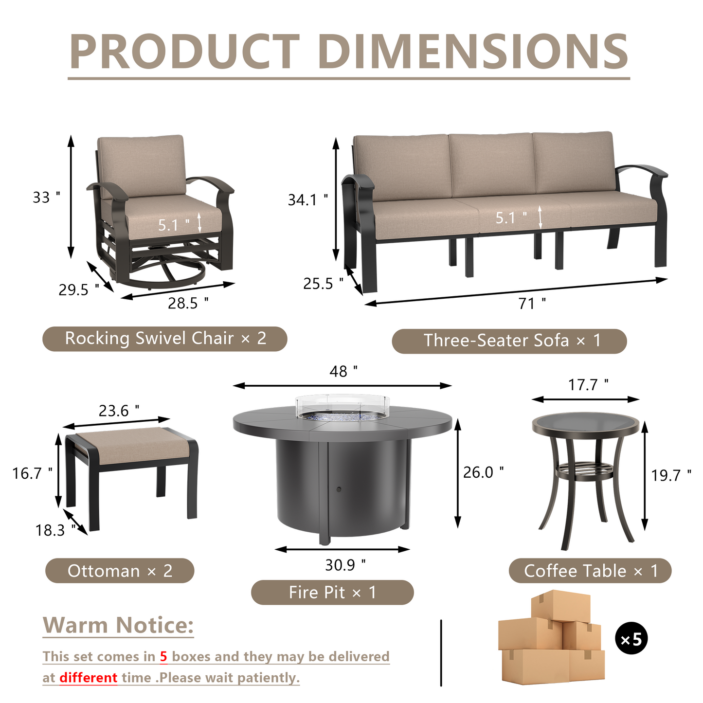 ALAULM Aluminium Patio Furniture Set with Swivel Chairs, 7-Seater Metal Outdoor Furniture Patio Sectional Sofas Patio Conversation Set with 2 Ottomans For Patio, Backyard, Poolside