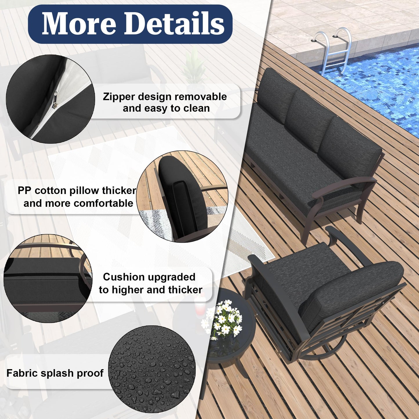 ALAULM Aluminum 3-Seat Patio Furniture Set, Outdoor Patio Conversation Set with 5.1" Cushions for Patio Backyard Poolside