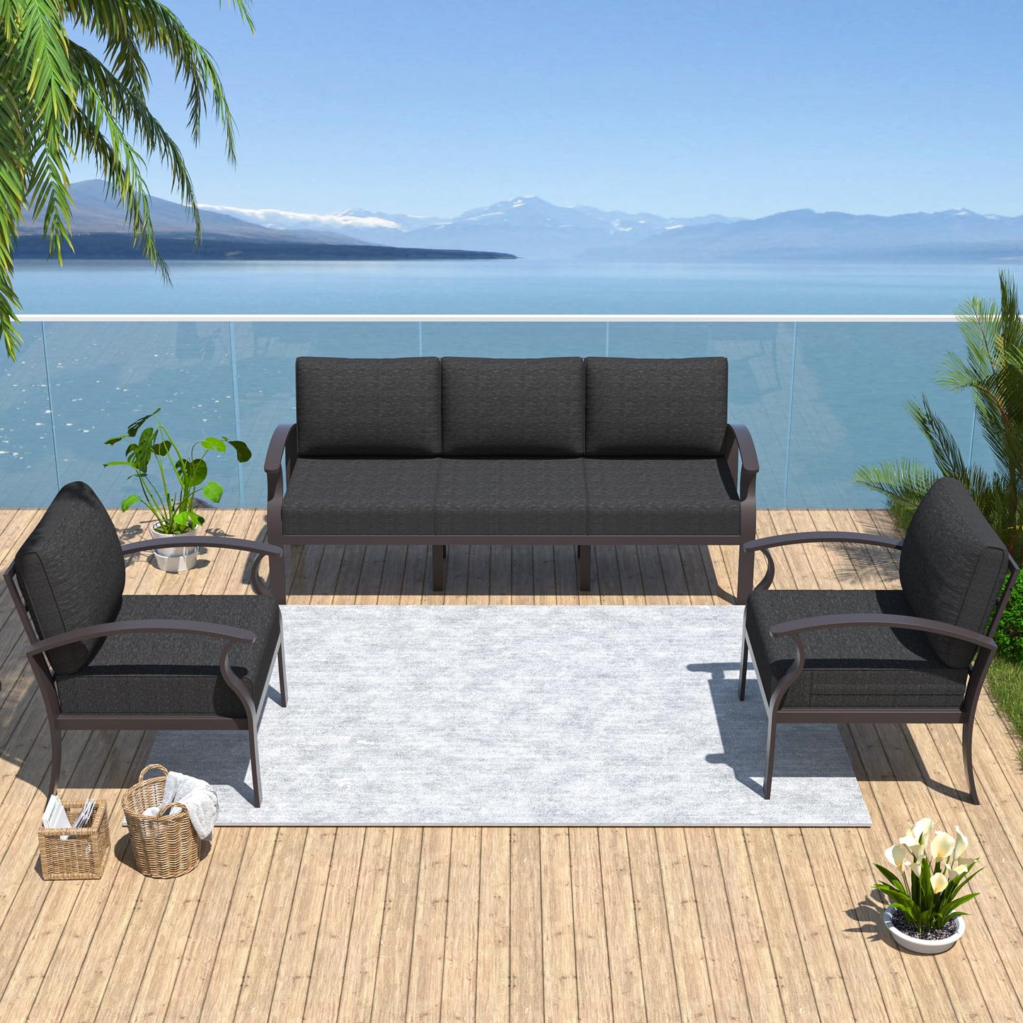 ALAULM Aluminum 5 Pieces Patio Furniture Set, 1 Three-Seater Sofa & 2 Single Sofas with 5.1" High-Resilience Cushions for Patio Backyard Poolside