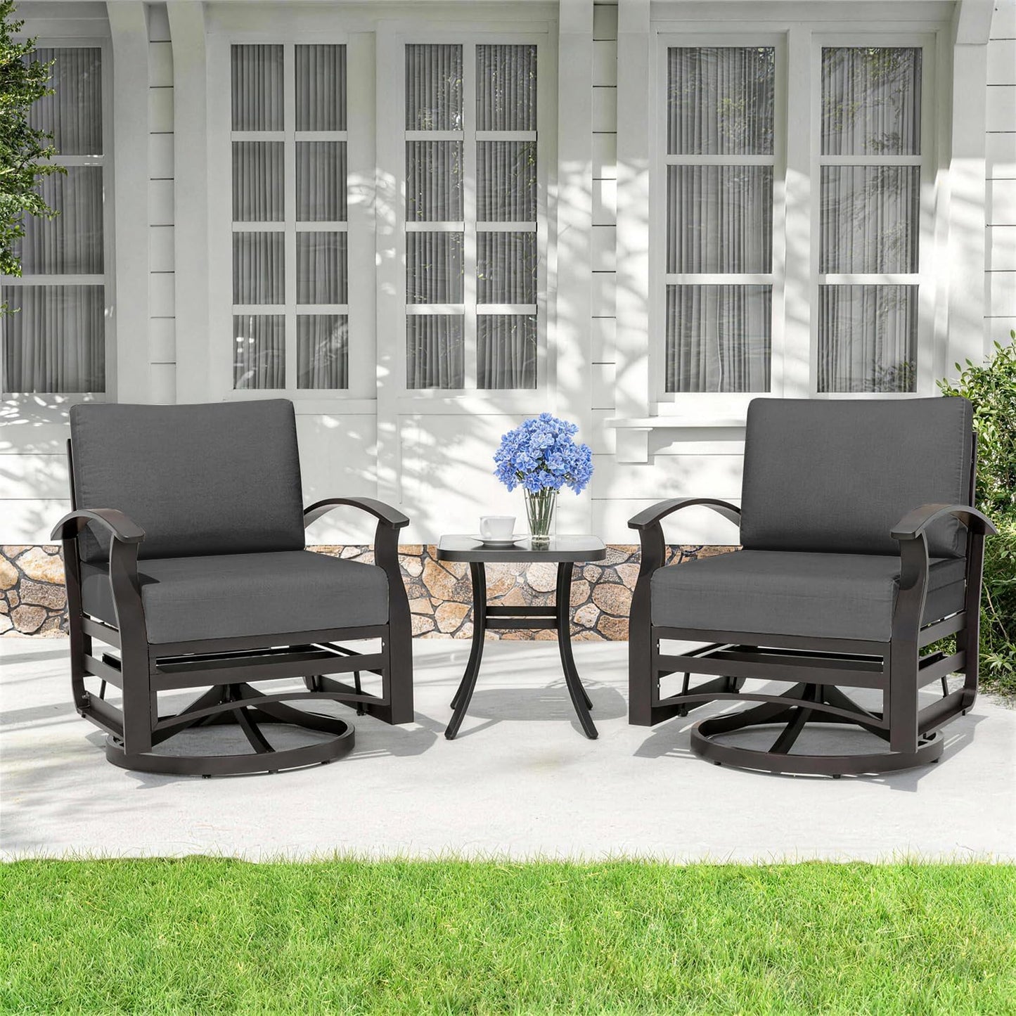ALAULM 3 Pieces Patio Furniture Set, 2 Aluminum Outdoor Swivel Rocking Chairs with 5.1" Padded Removable Cushions & 1 Tempered Glass Coffee Table for Backyard Lawn Porch