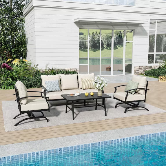 Gotland Metal Patio Furniture Set 5-Seat Modern Metal Bistro Set Outdoor Conversation Sets, 2 Piece Patio Rocker Chairs with Thick Cushion and Coffee Table for Garden Backyard Deck Lawn, Grey