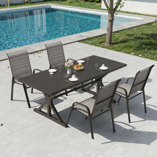 ALAULM 5 Pieces All Weather Patio Dining Set, 4 Stackable High Back Textilene Chairs & Heavy-duty Rectangle Table, Outdoor Furniture Set for Backyard Garden Deck, Brown