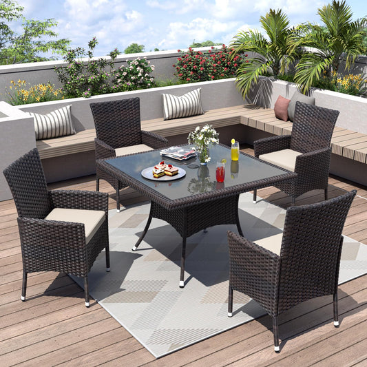 5 Piece Patio Dining Set | Wicker Furniture with Glass Tabletop