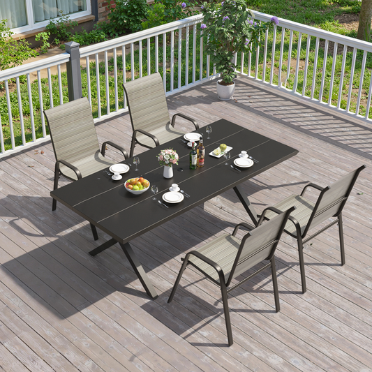 ALAULM 5 Pieces All Weather Patio Dining Set, 4 Stackable High Back Textilene Chairs with Metal Frame & X Leg Rectangle Table, Outdoor Furniture Set for Backyard Garden Deck, Brown